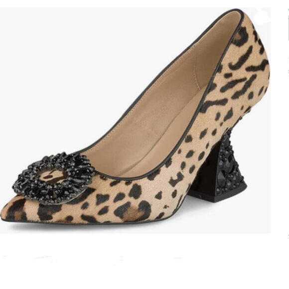 YDN Leopard Studded Buckle Pump Rhinestone Slip On Crystal Chunky High Heel Shoe - Picture 1 of 8